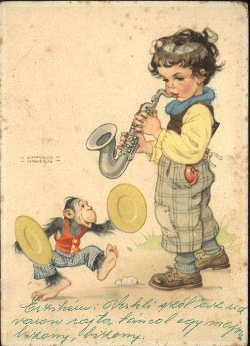 Instrumente Saxophon Kind Junge Affe Künstler Lunge