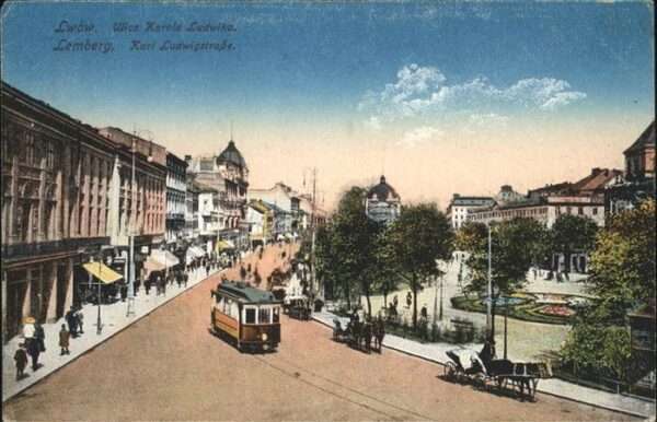 Lemberg Lwow Lviv Karl Ludwigstrasse Strassenbahn Kutsche
