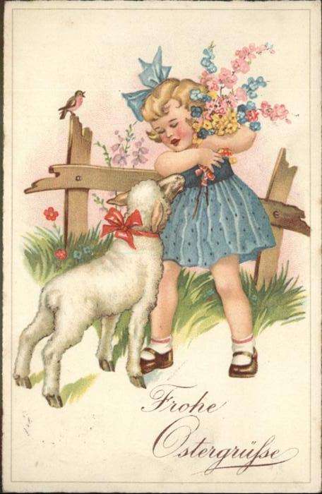 Ostern Easter Paques Schaf Blumen Kind Mädchen Vogel
