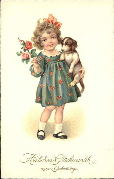 Geburtstag Hund Kind Mädchen Blumen