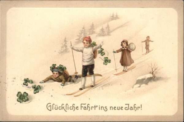 Neujahr Skifahrer Kleeblätter