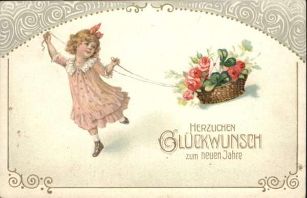 Neujahr Kind Mädchen Korb Blumen
