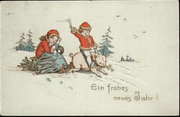 Neujahr Schwein Kinder Sekt Schlitten