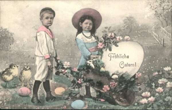 Ostern Easter Paques Kinder Hutmode Karren Küken