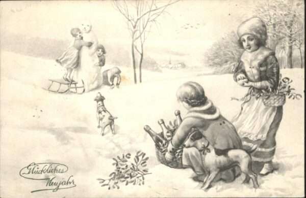 Neujahr Schlitten Schneemann Hund
