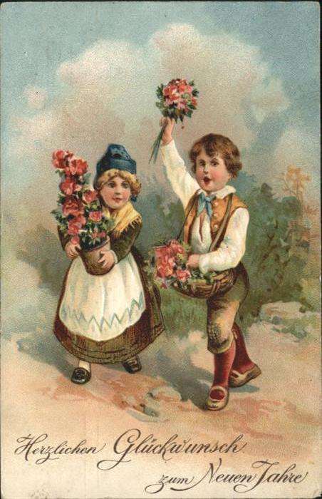 Neujahr Kinder Blumen Tracht Korb