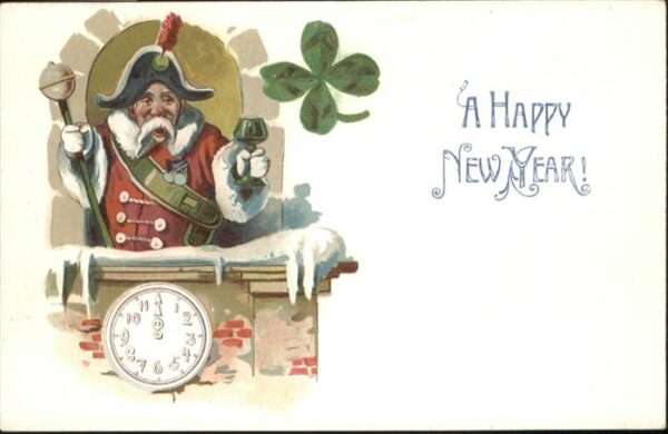 Neujahr Uhr Kleeblatt Wein