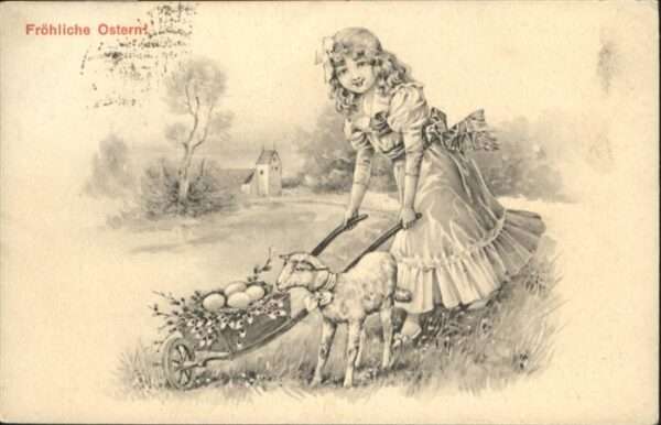 Ostern Easter Paques Kind Mädchen Karren Schaf