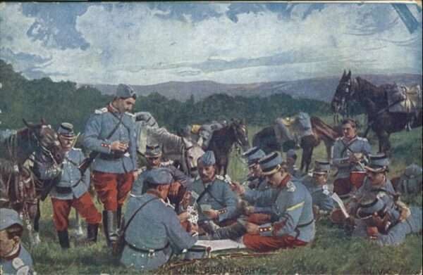 Kartenspiel-Postkarte Soldaten Pferde