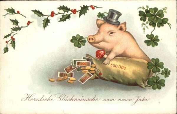 Neujahr Schwein Kleeblätter Geld