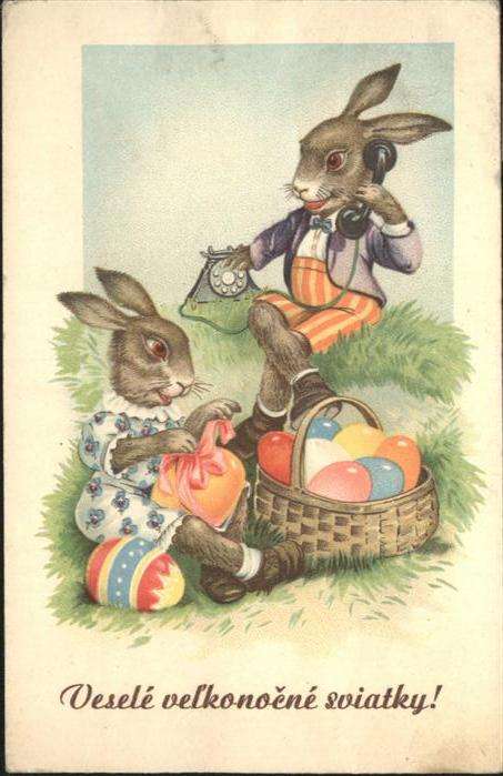 Vermenschlicht Hasen Telefon Korb Eier Ostern