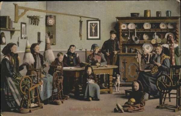 Spinnen Handwerk Spindel Spinnstube Westfalen Tracht