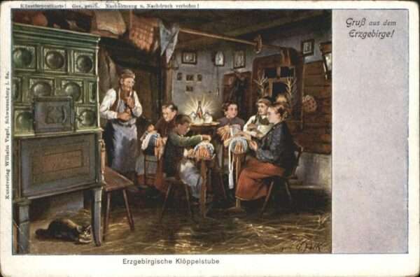 Handarbeit Erzgebirge Klöppelstube Kachelofen