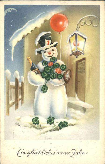 Schneemann Kleeblätter Sekt Neujahr vermenschlicht