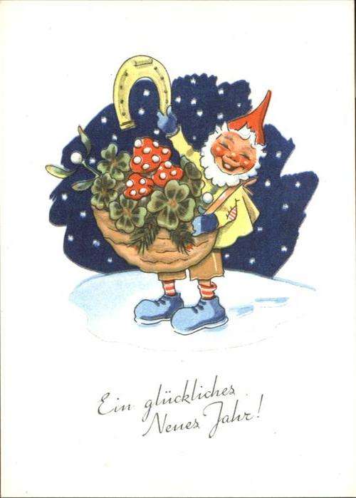 Zwerge Dwarfs Nains Hufeisen Kleeblätter Pilze Neujahr