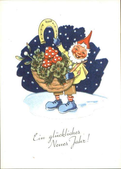 Zwerge Dwarfs Nains Hufeisen Kleeblätter Pilze Neujahr