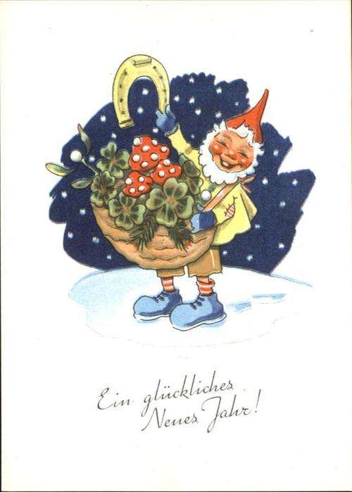 Zwerge Dwarfs Nains Kleeblätter Hufeisen Pilze Neujahr