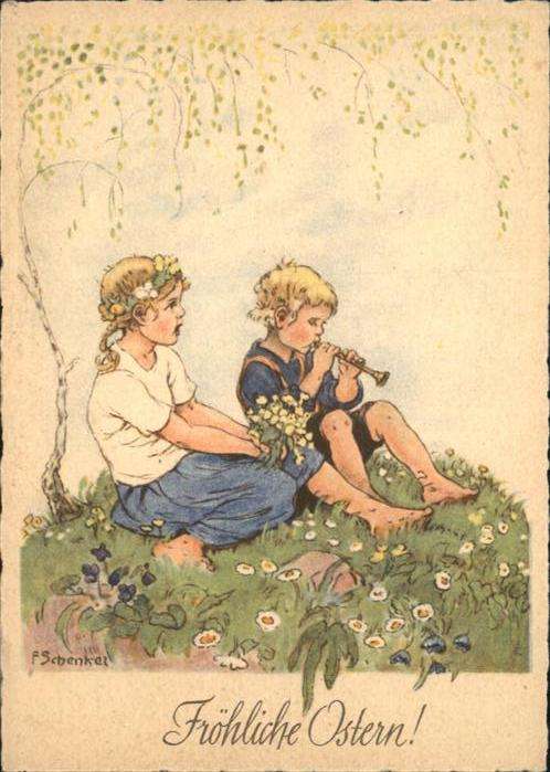 Ostern Easter Paques Kinder Flöte Künstler F. Schenkel