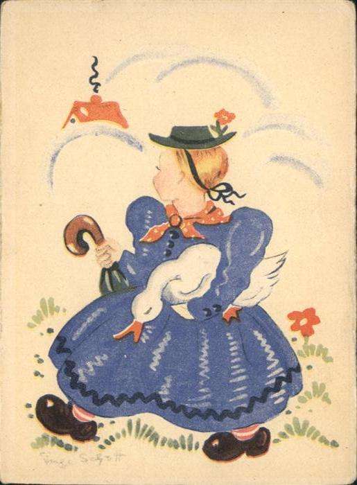 Kuenstlerkarte Inge Schott Kind Mädchen Gans
