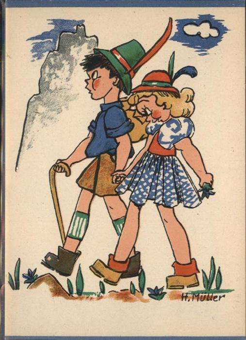 Kuenstlerkarte H. Müller Poesie Wandern Kinder