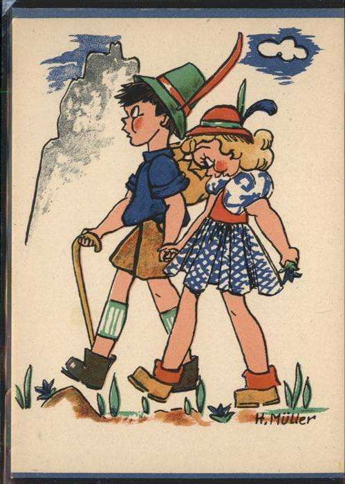 Kuenstlerkarte H. Müller Kinder Wandern Tracht