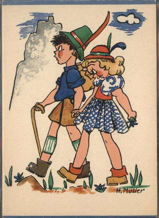 Kuenstlerkarte H. Müller Wandern Kinder