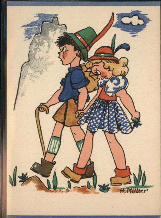 Kuenstlerkarte H. Müller Kinder wandern