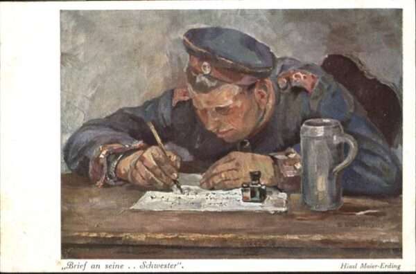 Kuenstlerkarte Hiasl Maier-Erding Soldat Brief Bierkru