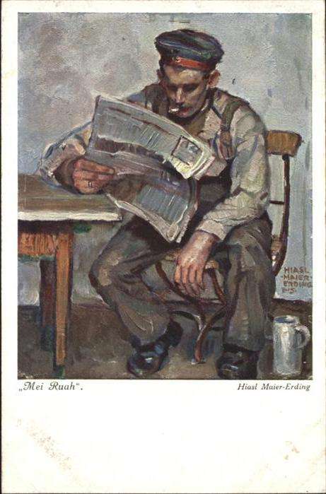 Kuenstlerkarte Hiasl Maier-Erding Zeitung Soldat Bierk