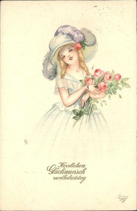 Verlag Primus Nr. 2068 Geburtstag Kind Rosen Hutmode
