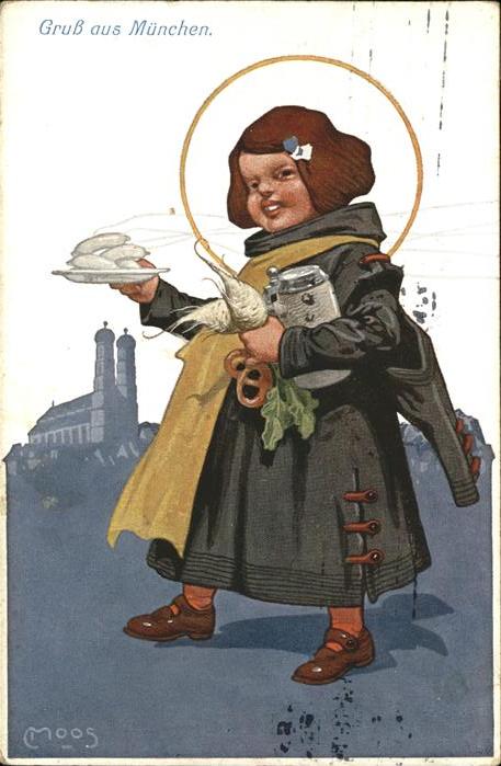 Moos Carl Kuenstlerlitho Münchner Kindl Rübe Brezel Bierkrug