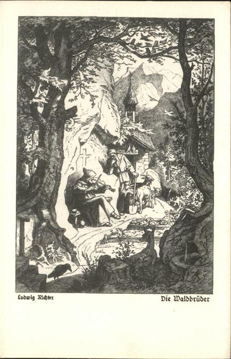Kuenstlerkarte Ludwig Richter Waldbrüder Ziege Geige