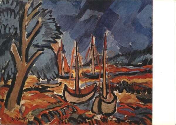 Kuenstlerkarte Karl Schmidt Rottluff Fischerboote im H