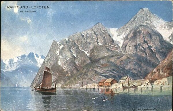 Rafsund Norwegen Lofoten Segelboot Künstlerkarte