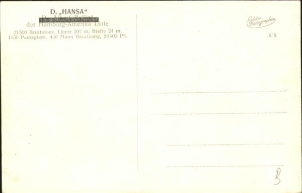 Dampfer Oceanliner D. Hansa Hamburg Amerika Linie – Bild 2