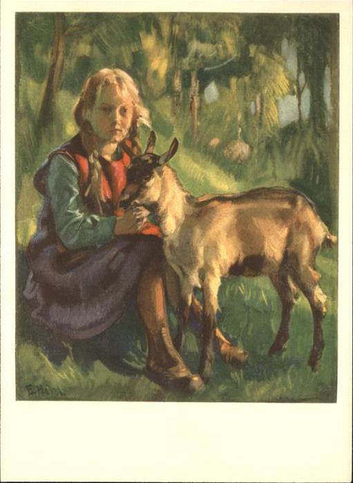 Kuenstlerkarte E Hodel Kind Ziege