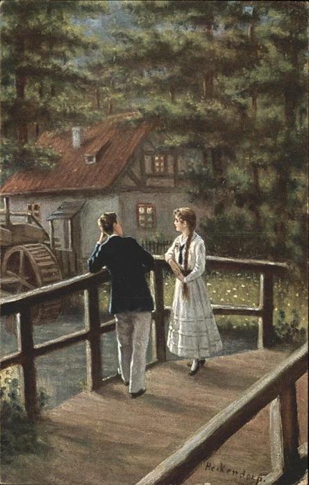 Kuenstlerkarte Nr 335 Heckendorp Junge Liebe Wassermüh