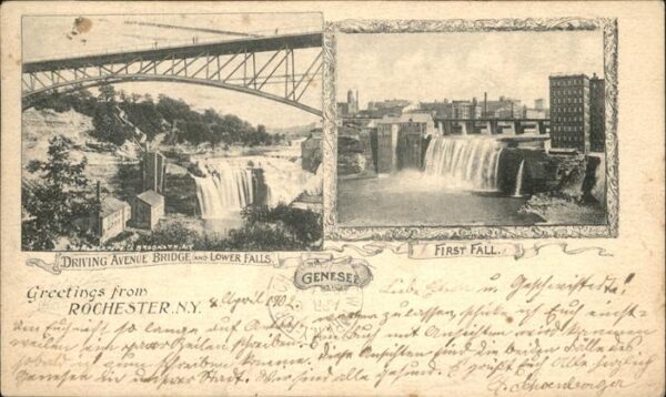 Rochester New York Avenue Bridge with Lower Falls and Firs