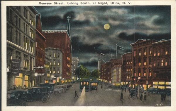 Utica New York Genesee Street at Night Moon Autos Stra