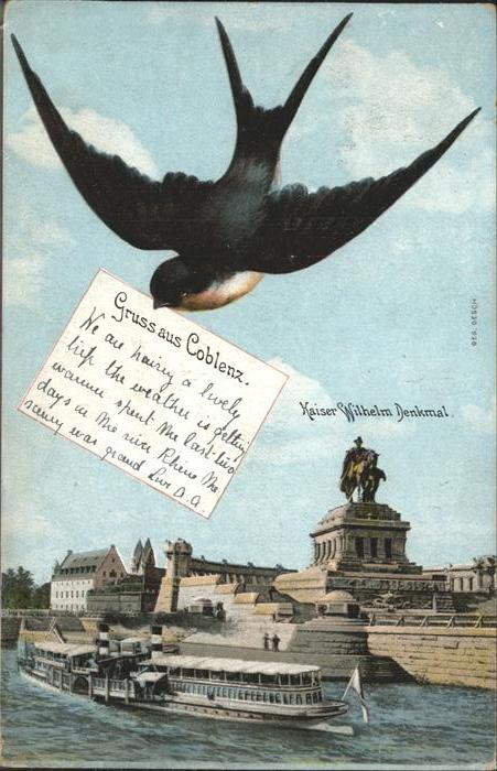 Schwalbenkarte Koblenz Kaiser Wilhelm Denkmal Dampfer