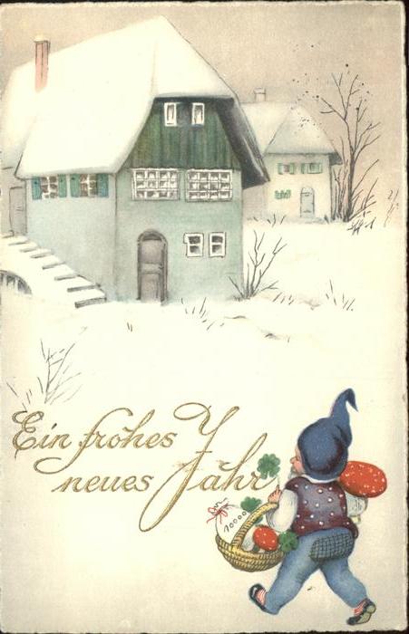 Zwerge Dwarfs Nains Neujahr Pilze Kleeblätter