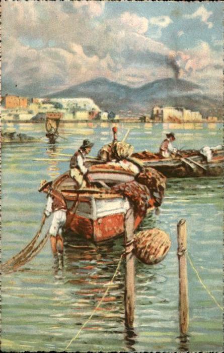 Napoli Neapel Vesuvio con barco Vulkan Künstlerkarte