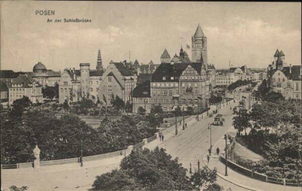 Posen Poznan Partie an der Schlossbrücke Kirche Feld