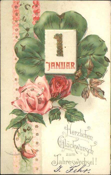 Datumskarte Neujahr Rosen Kleeblatt