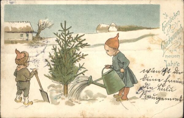 Neujahr Kinder Gießkanne Tannenbaum