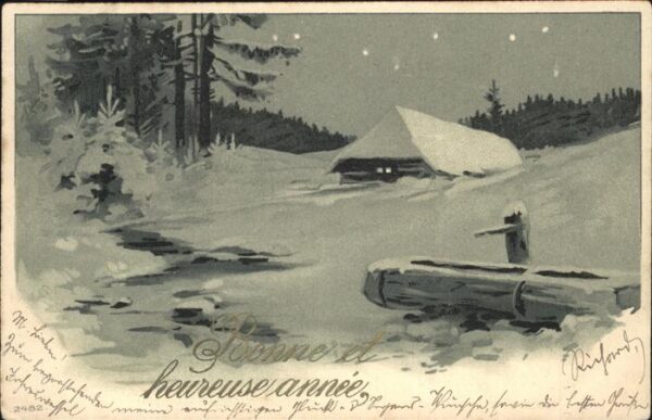 Neujahr Schnee Brunnen Litho