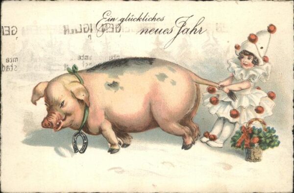 Schweine Neujahr Kind Hufeisen