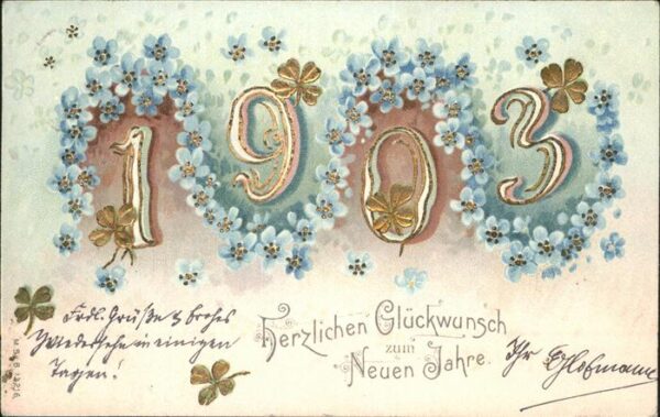 Jahreszahl Blumen Neujahr Litho