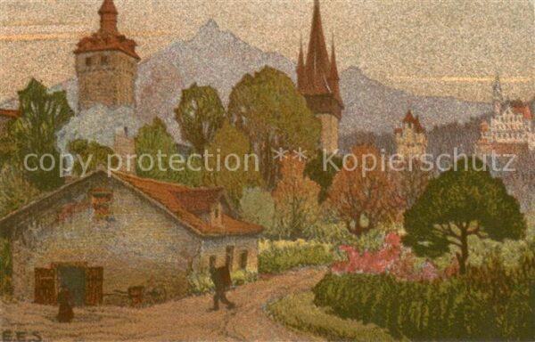 Luzern  LU Museggtürme mit Gütsch und Pilatus Lith