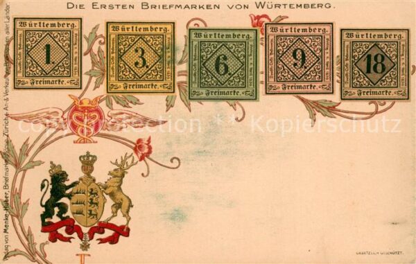 Briefmarken auf Postkarte Erste Briefmarken von Würtemberg